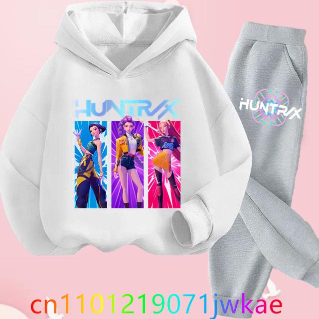 Teen KPop Demon Hunters Hoodies+Pants Sets Boys Girls Korean Anime Movie Hoody Fashion Long Sleeve Kids Hooded Sports Suits