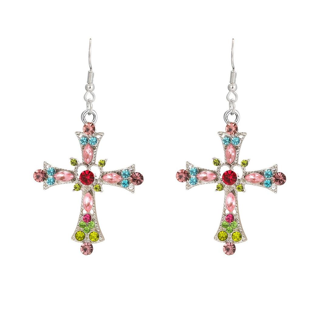 Trendy Personality Colorful Rhinestone Cross Hollowed-out Heart Pendant Necklace Earrings for Women Men Y2k Jewelry Accessories