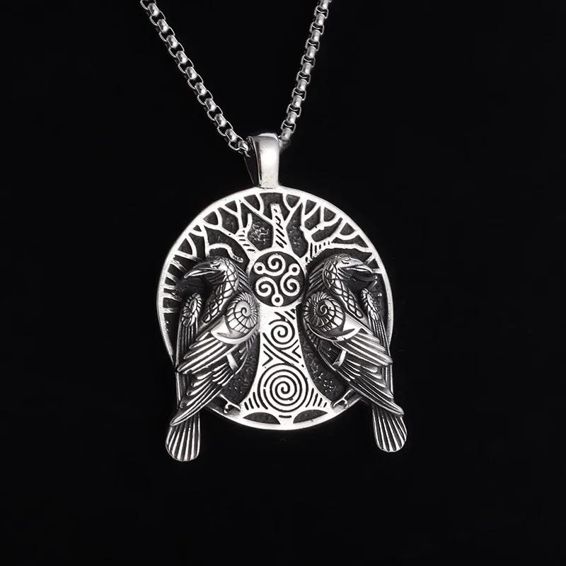 Retro Norse Mythology Double Raven Tree of Life Pendant Necklace for Men Cool Hip Hop Jewelry Gift