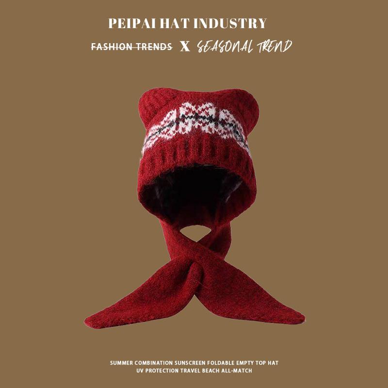 

Women s thermal scarf, hat integrated pullover, cute student bear knitted hat, ear protection and cold protection M（56-58cm）
