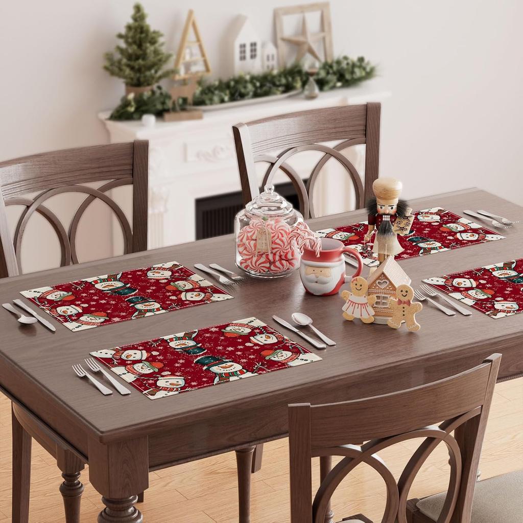 Red Winter Snowflakes Snowman Christmas Xmas Placemats Set of 4 Table Mats for Party Home Kitchen Dining Table Decorations 12x18 Inch