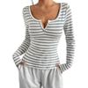 Womens Slim Fit Long Sleeve T-Shirt With Striped Contrast Button Detail V-Neck Casual Top Early