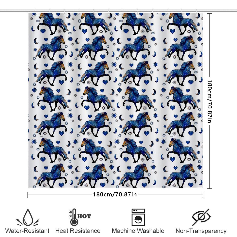 Blue Floral Horse Shower Curtain Set Decorative Waterproof Bath Mat Bathroom Accessories White Blue Pattern Design (180 x 240cm)