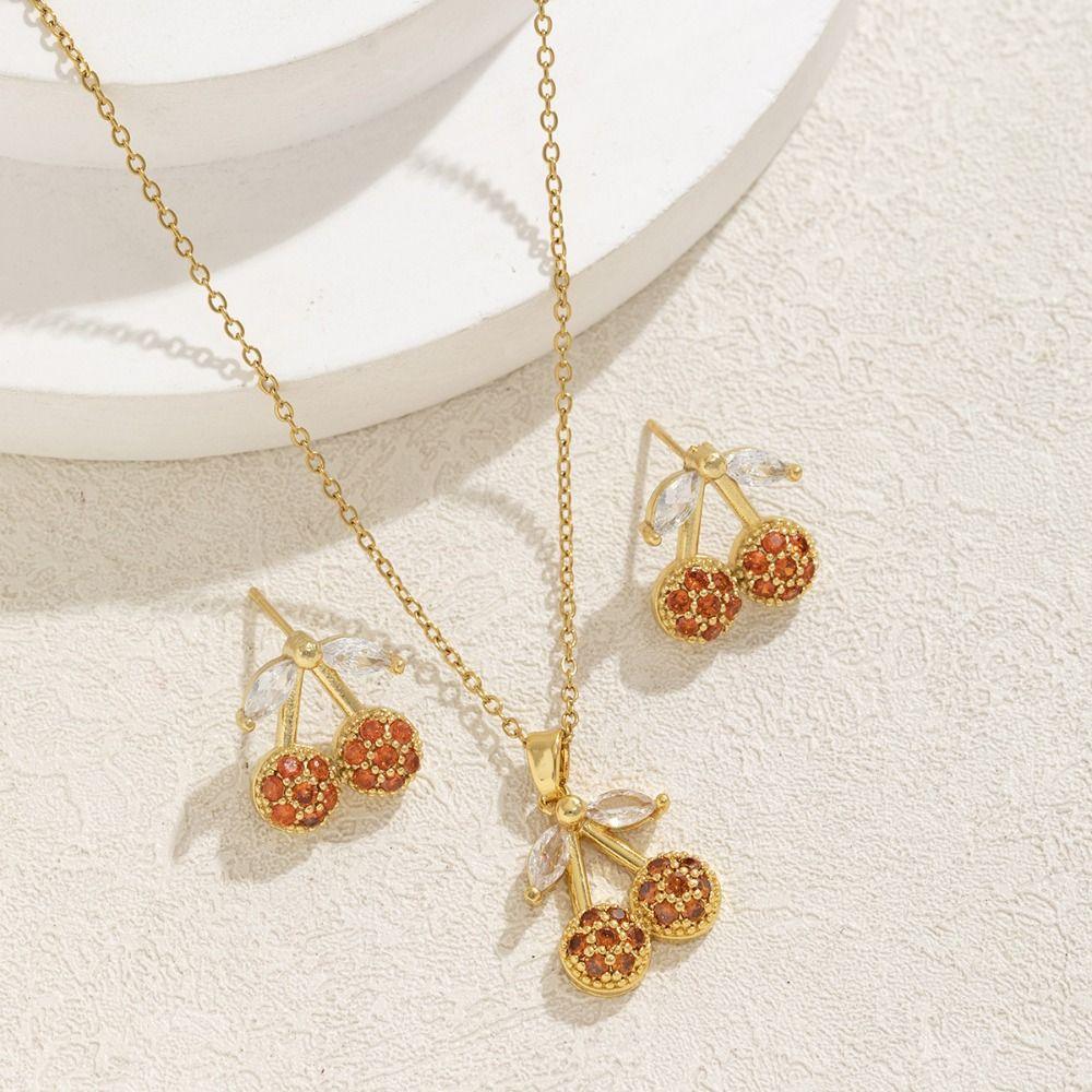 Crystal Necklace Earring Set Exquisite Cherry Necklace Set Rhinestone Cherry Jewelry Suit  Women