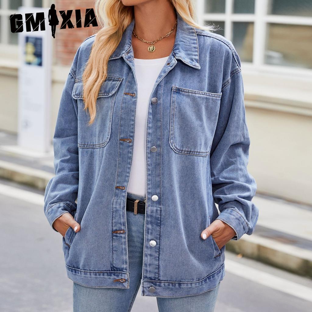 GMXIA Autumn Winter Solid Color Print Women'S POLO Neck Long Sleeve Vintage Washed Denim Jacket Top Jackets & Coats