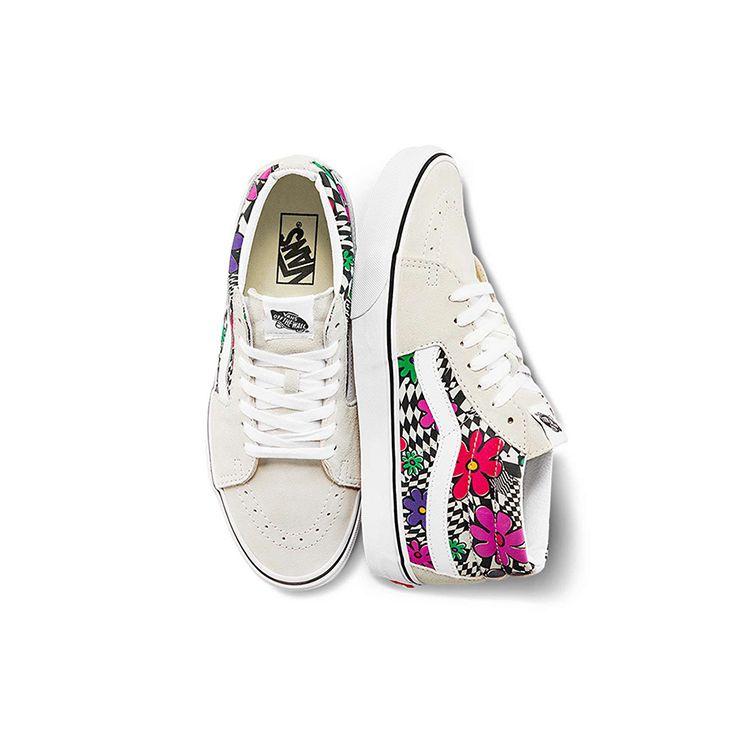 Vans Sk8 Cushioning Durable Lightweight Breathable Mid-Top Skate Shoes Women Sneakers White Gray Floral VN0A3WM340G