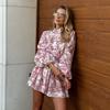 Rochie Mini Femei cu Imprimeu Cerneală Spălat Mâneci Bufante Guler Înalt Legată la Talie Croială Largă Fustă A-line Vintage