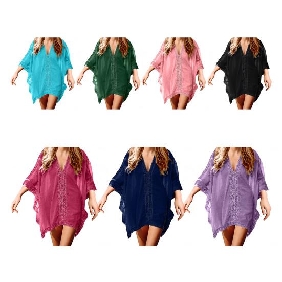 Beach Cover Up V-Neck Half Sleeve Splicing Design Bikini Swimsuit Cover Up Solid Color Beachwear Summer Accessories