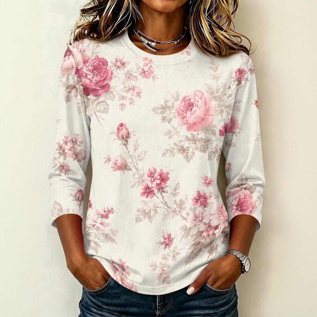 Women Casual Round Neck 3/4 Sleeve Floral Print T Shirt Lightweight Comfortable Soft Fabric Top for Everyday Wear