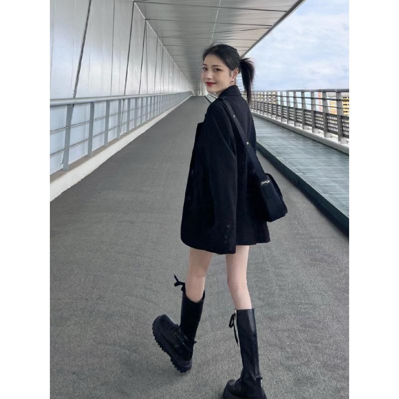Damen Schicker Schwarzer Blazer Frühling Herbst Lässig Locker Geschnitten Slim Koreanischer Stil Kleine Größe Trendige Jacke