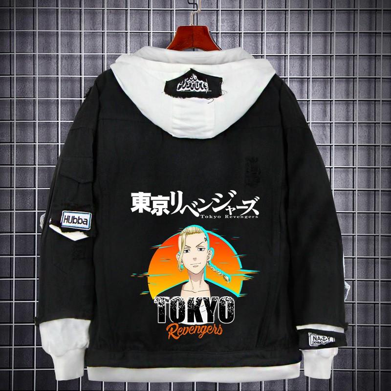 Tokyo Revengers Anime Denim Jacket Fake Two-piece Hoodie Men Youth Streetwear