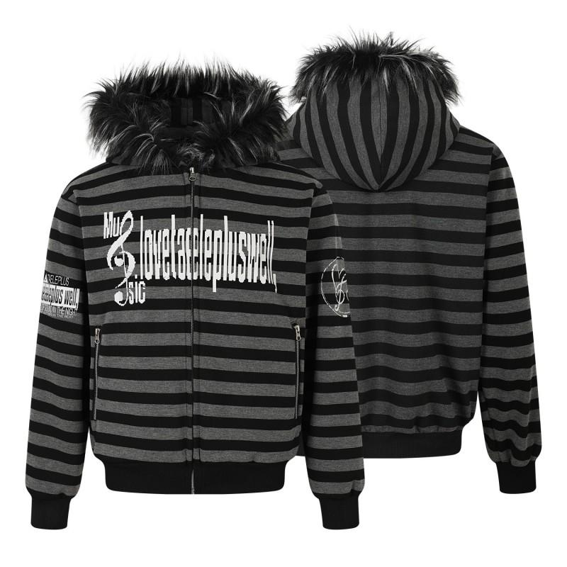 Unisex Oversized Hooded Zip-Up Sweater Vintage American Style Striped Fleece Collar Long Sleeve Pullover