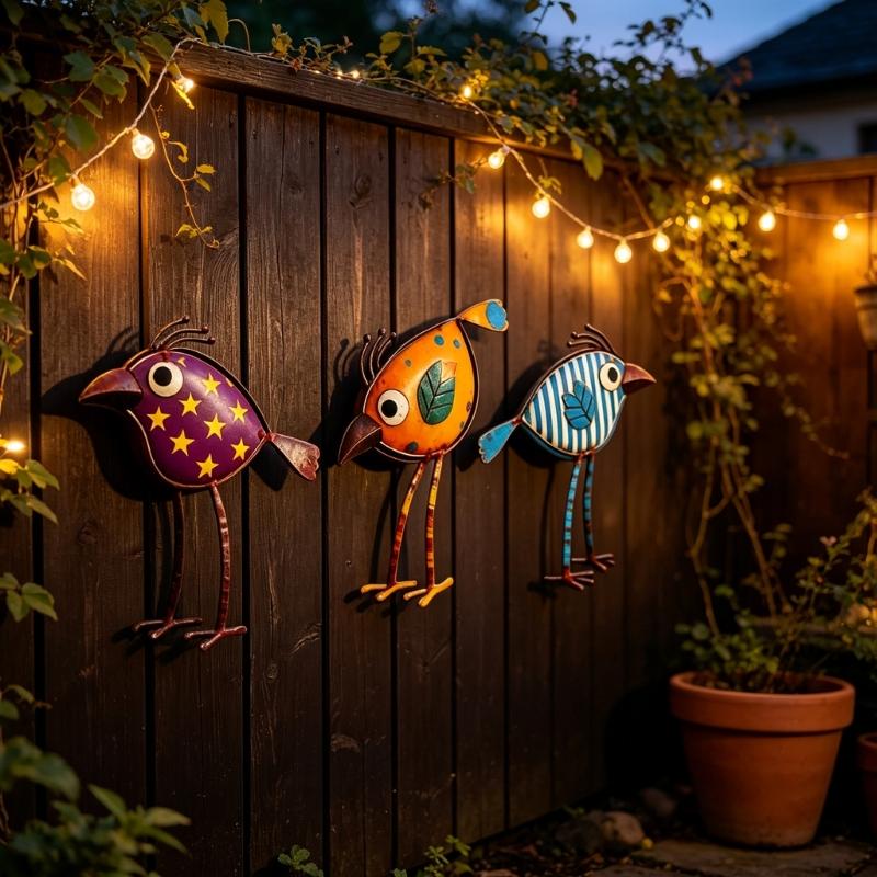 Garden Cartoon Bird Wall Art Decors Set of 3 Colorful Acrylic Hanging Art Piece Plaque for Fence or Wall Decorative Ornaments