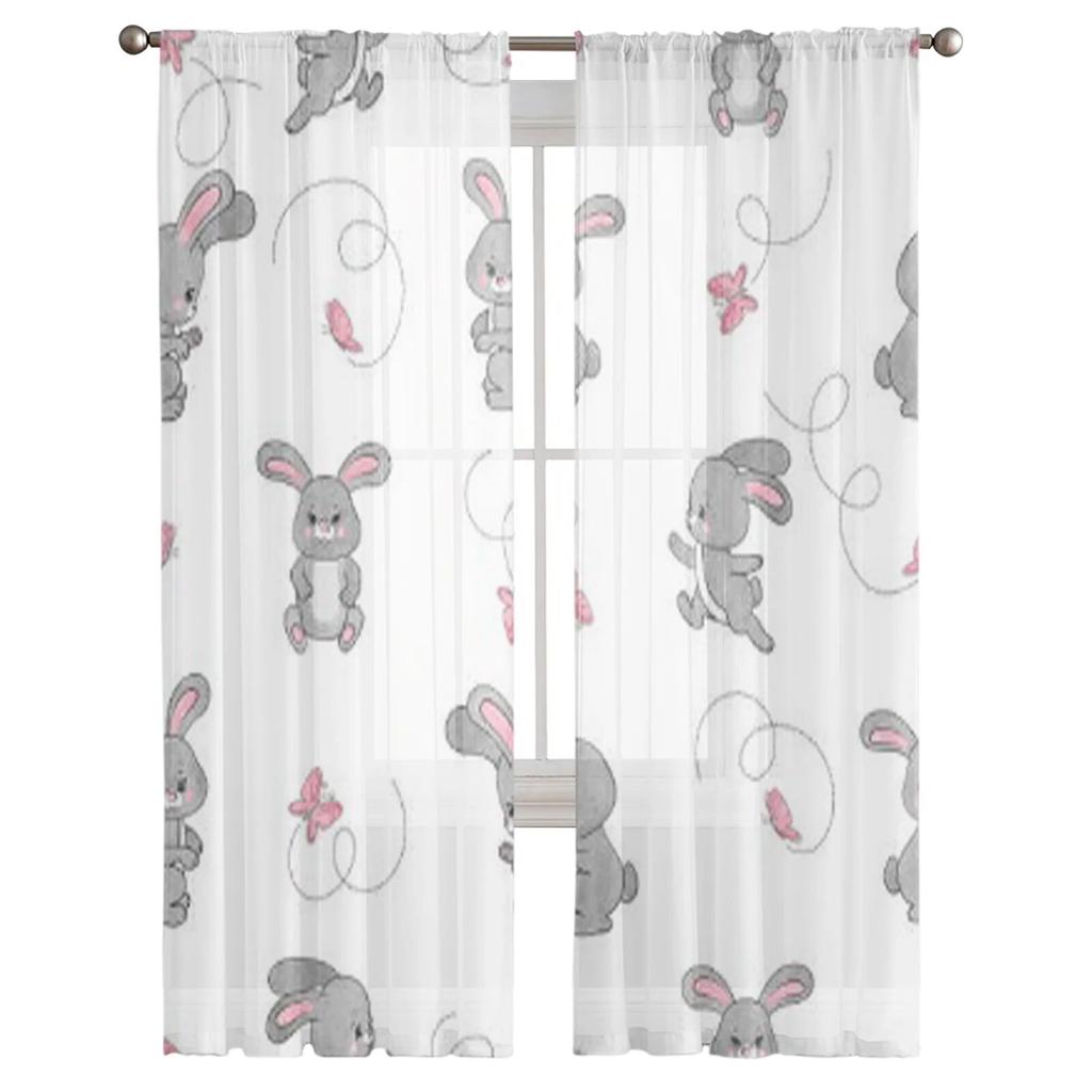 Niedlicher Cartoon-Hase und Schmetterlinge, Tüll-Vorhang für Wohnzimmer, durchsichtiger Volant-Vorhang für Küche, Schlafzimmer, Fenstervorhänge