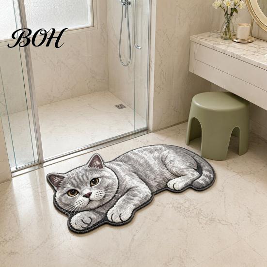 Tile And Wood Floor Mat Cute Cat Bathroom Rug, Anti-Slip Absorbent Bath Washable Plush Easy Care Kitty Door for Entrance Kitchen Home Decor Safety Rug