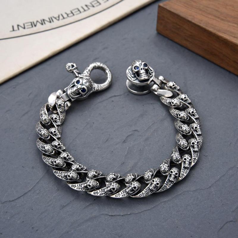 Six -Character Mantra Silver Bracelet 18 /20 /22cm Retro Hip Hop Skull Chain Men 'S Birthday Party Engagement Style Jewelry Gift