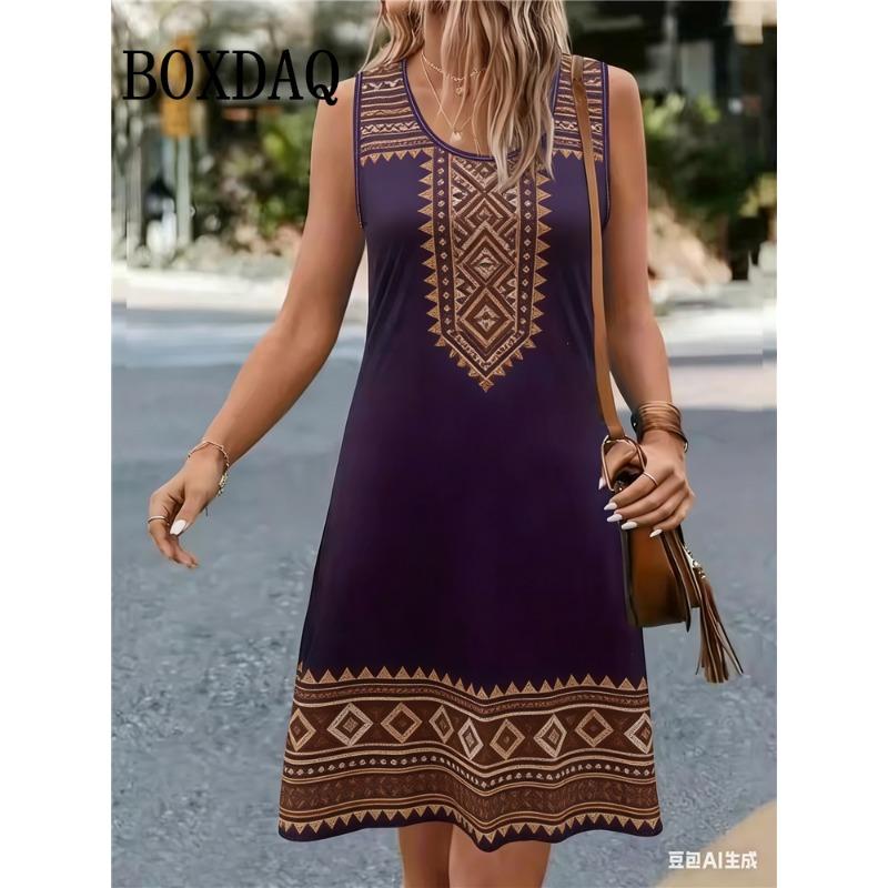 

Summer Beach Tank Short Dresses Retro Casual Sleeveless A-Line Dress Women Sundress Ethnic Style 3D Printing O-Neck Loose Dress S