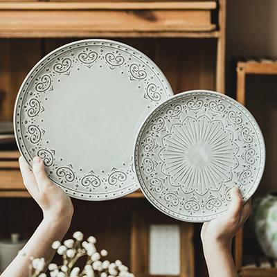 Japanese-Style Relief Pattern Plate Large Plate Tableware Bowl Set Household Plate Vegetable Plate Salad Bowl Restaurant Plate