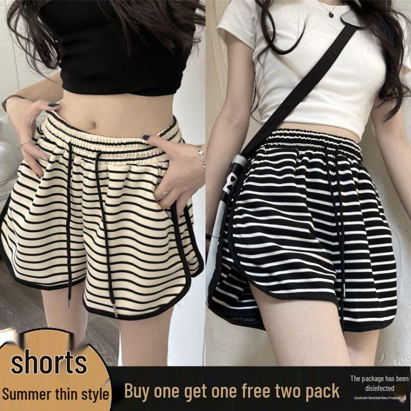Women's High Waist Black & White Striped Summer Sports Shorts - Slimming A-Line Wide Leg Design