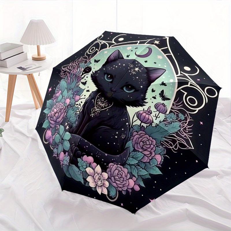 1 Stück Regenschirm mit Hexenkatzenmuster, modisch, personalisierbar, hochwertiger Faltschirm, ein Must-have für den Sommer, 8-Streben-Eisenrahmen, dreiteilig