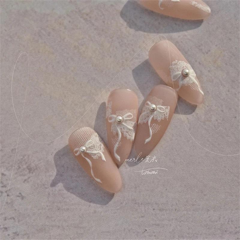 1pcs 5D Diamond Japanese White Lace Bow Nail Art Stickers Pearl Rhinestones Nail Decoration Adhesive Decals Slider DIY Accessory