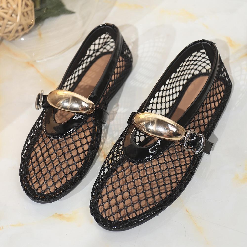 Plus Size Women Round Toe Fishnet Hollow Out Flat Sandals, New Spring Summer European Style Breathable Casual Sandals
