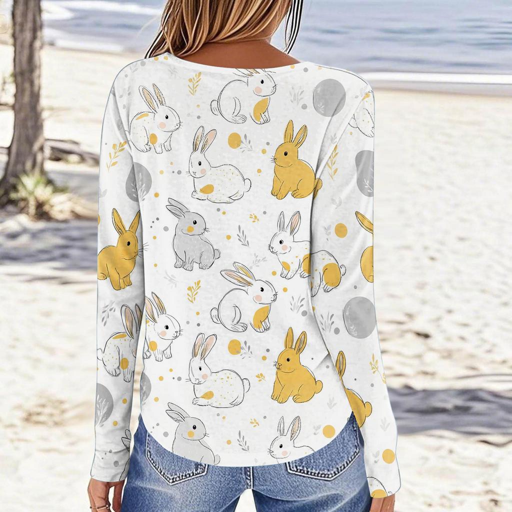 Top casual da donna a maniche lunghe con stampa pasquale e girocollo
