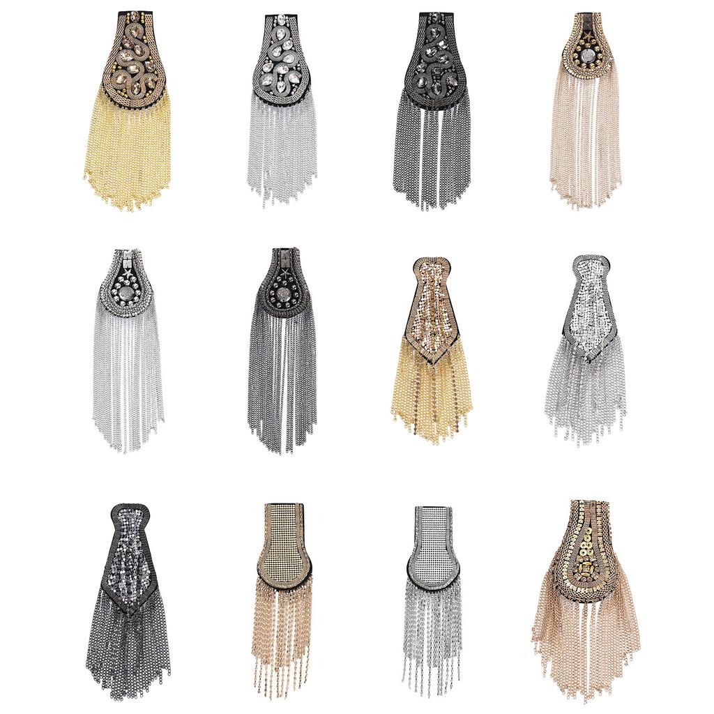 Punk Styles Bead/Rhinestone Epaulets Easy Install Pin Epaulettes with Tassels Metal Chain for Stage Costume Dress Decors