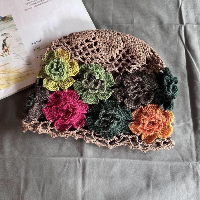 Style Knitted Ethnic Hat With Hollow Out Design And Flower Decoration Daily For