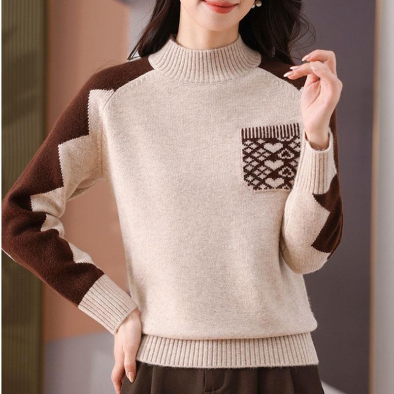 Women's Printed Sweater Autumn Winter Thick Soft Mock Turtleneck Sweater Color Block Loose Knit Pullover Top