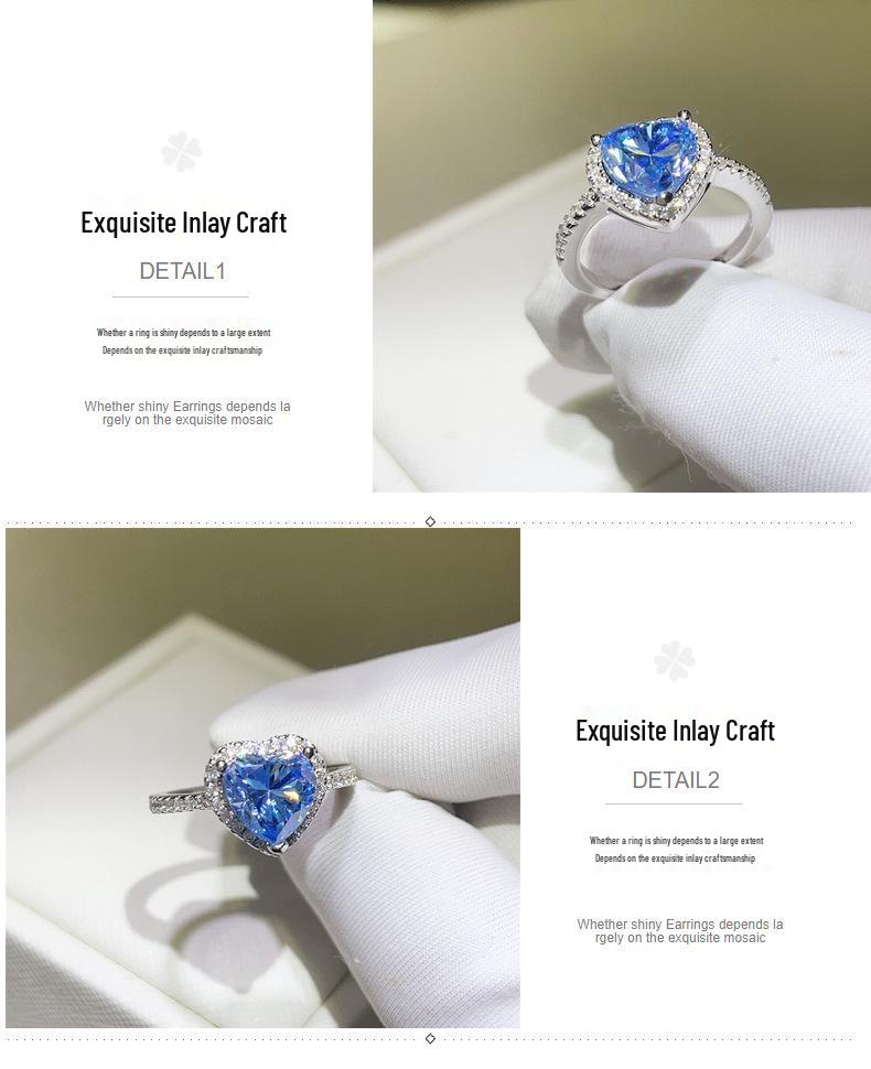 Aquamarine Blue Moissanite Heart Ring for Women - 1-2 Carat Diamond Couple Wedding Proposal Jewelry
