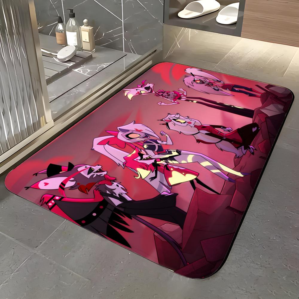 show H-Hazbin Hotel Floor Mat Soft Flannel Entrance Door Mat Non Slip Absorbent Bathroom Bedroom Floor Rug