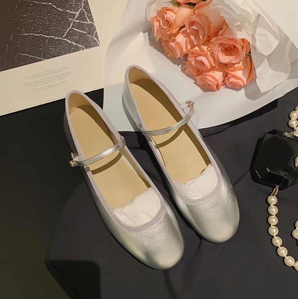 Sheepskin version~ Gentle leather one-word belt flat Mary Jane shoes women's shallow mouth ballet shoes silver small leather shoes