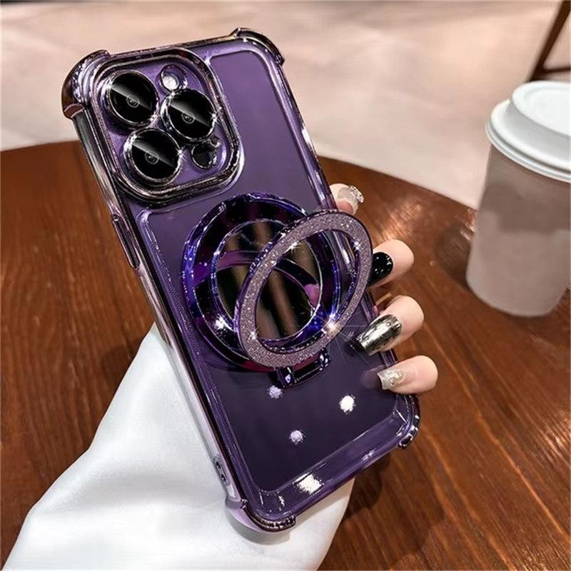 Luxury Glitter Makeup Mirror For Magsafe Magnetic Bracket Case For iPhone 16 15 12 13 11 14 Pro Max Plus XS Plating Holder Cover