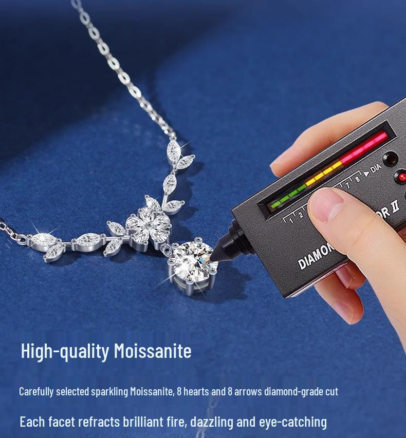 S925 Sterling Silver Moissanite Tassel Laurel Pendant Clavicle Chain Necklace with Fresh Flower Branch Design for Women