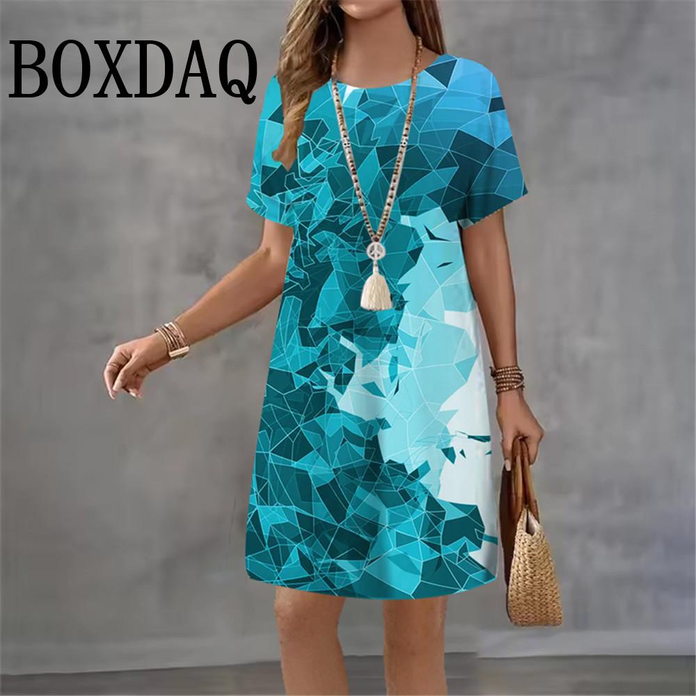 2026 Summer Abstract Dress 3D Print Streetwear Women's Elegant Fashion Loose Short Sleeve Dresses Female Tie Dye Woman Clothing
