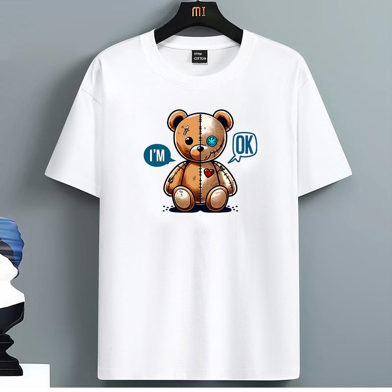 For Men's 100% Cotton Short Sleeve Oversized T-Shirt with Cool Teddy Bear Graphic, Distressed D