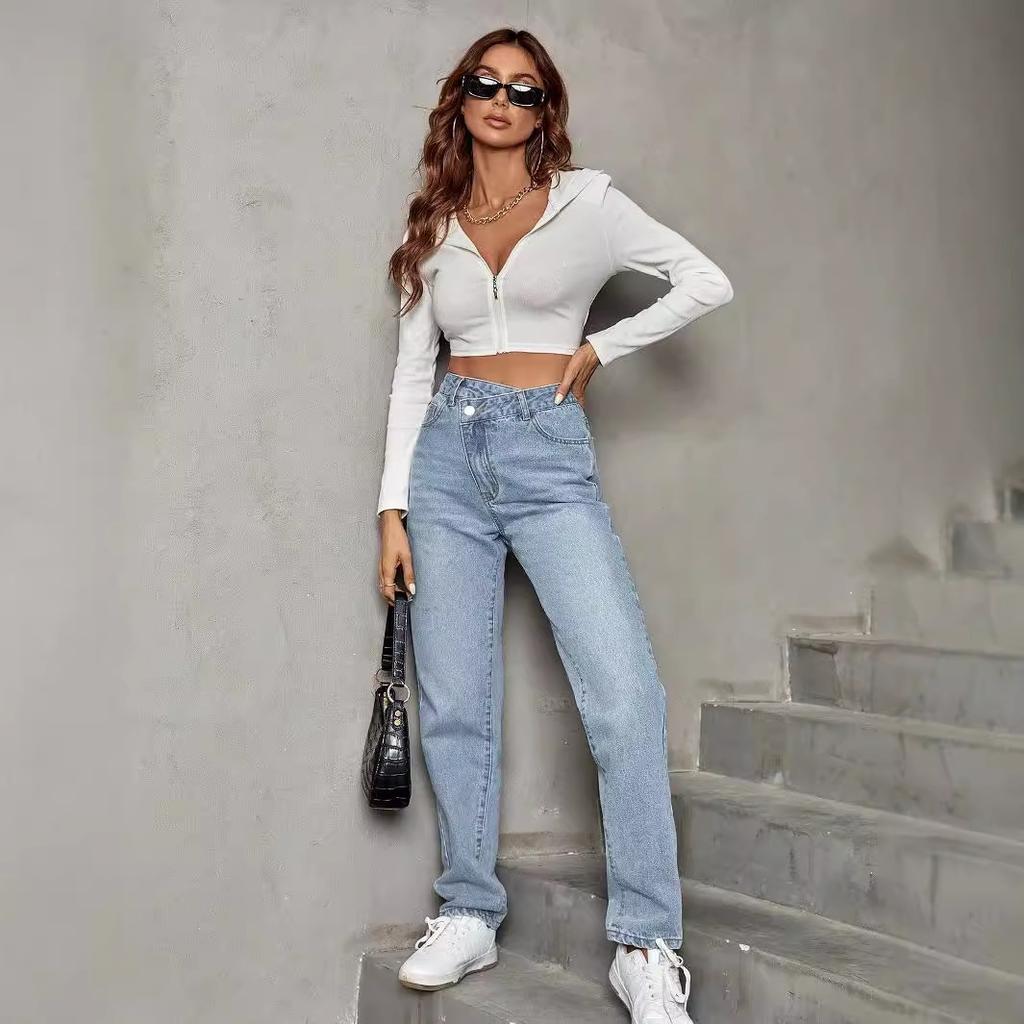Women Mid Rise Straight Leg Jeans Medium Stretch Warm Denim Pants Street Fashion Casual Long Trousers