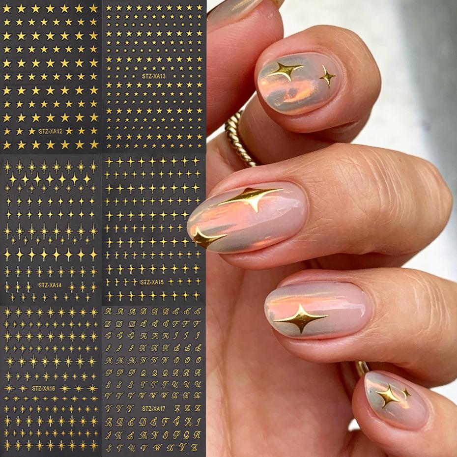 Xiaomi 6pcs Bronzing Metallic Golden Star Nail Art Stickers Y2K Mirror Effect Pentagram Starburst English Script Letters Nail Art Decal