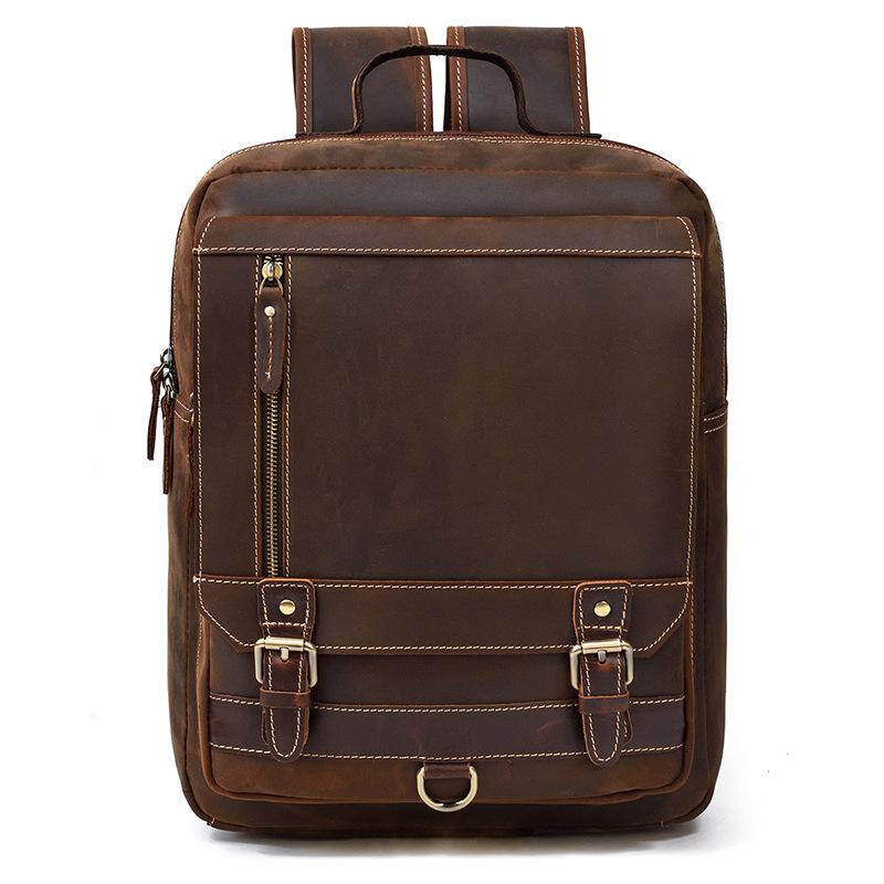 Men'S Genuine Leather Backpack Crazy Horse Leather Retro Flip Backpack First Layer Cowhide Student Schoolbag Going Out Travel Bag