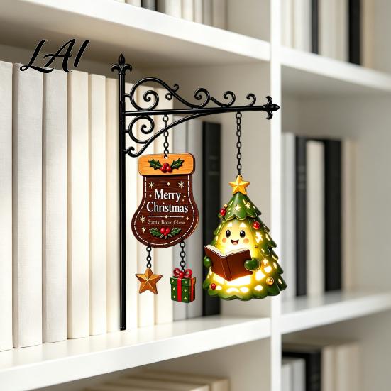 Holiday Home Library Ornaments Christmas Bookshelf Hanging Light Snowman Book Nook Lamp Metal Floating Display Holders Lantern Decor Ornament