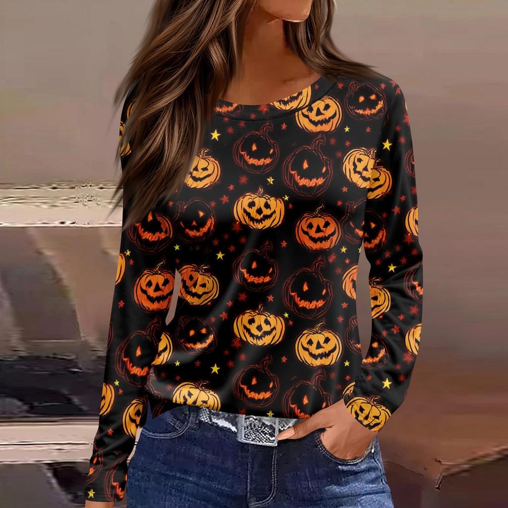 Women's Fashion Casual LongSleeve Print Round Neck Pullover Top Blouse