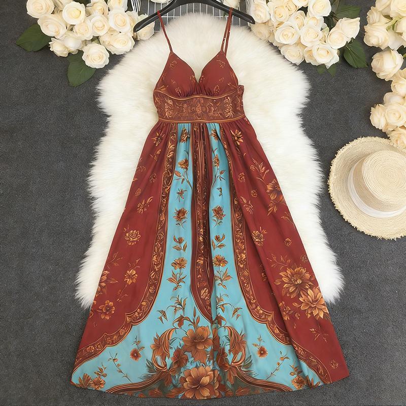 Abito Maxi da Donna Scollo a V Senza Maniche Vita Alta Elegante Stampa Floreale Vestito Estivo