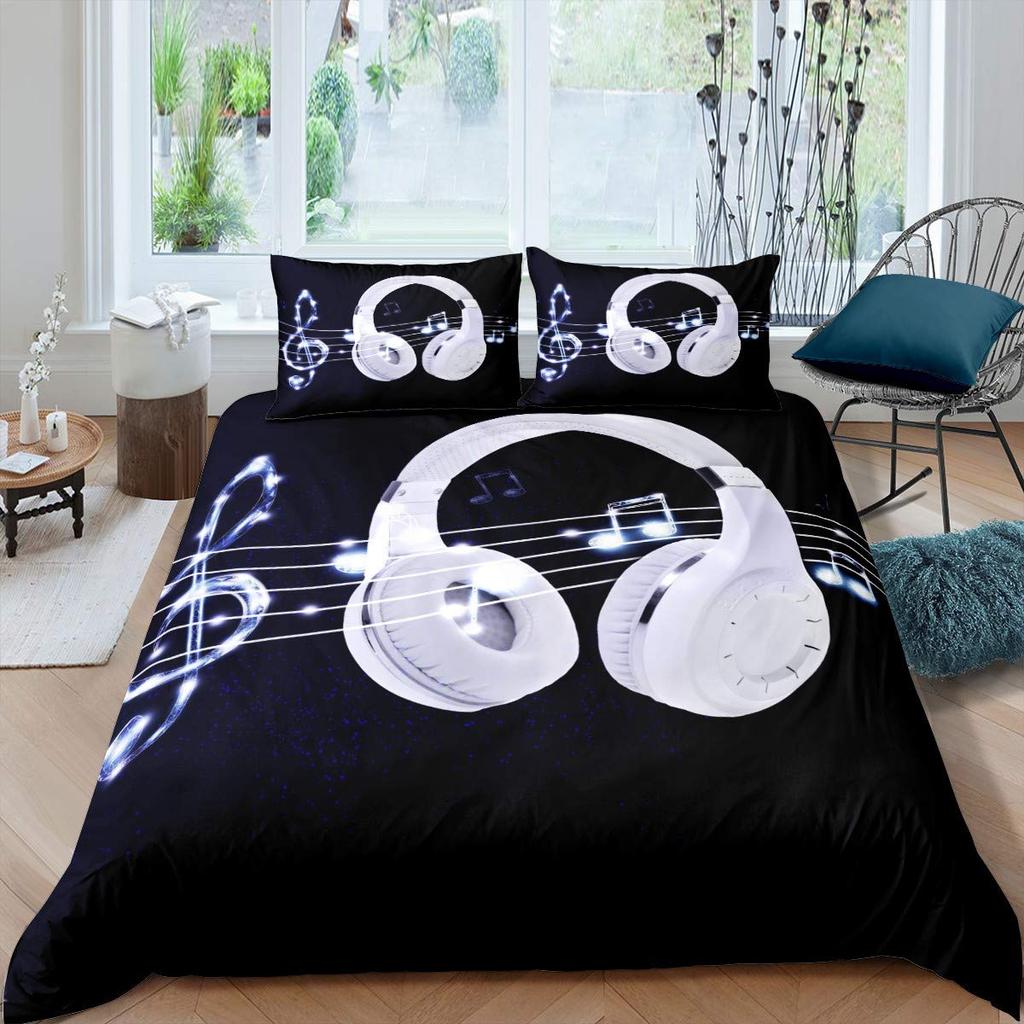 Headphones Duvet Cover Set for Kids Teens Queen Lightweight Down Quilt Covers Bedroom Decor 2 Pillowcases 1 Duvet Cover No Quilt