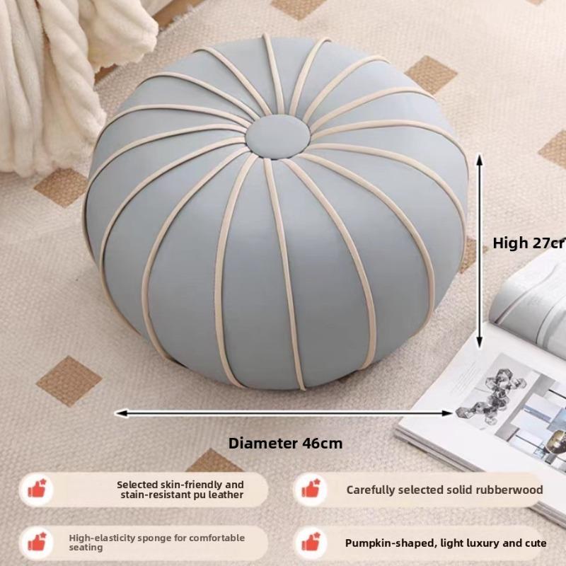 Leather Low Stool Luxury Pumpkin-Shaped Ottoman Cute Round Footrest for Living Room Sofa Shoe Changing Entryway Decor