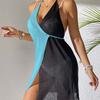 Plus Size Summer Hollow Out Beach Dress Women's Clashing Splicing Sexy Hanging Neck Tie Dress Irregular