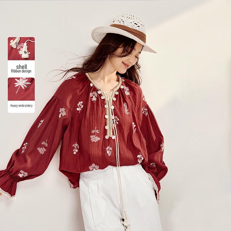 INMAN Women s Bohemian Embroidered Lantern Sleeve Blouse M