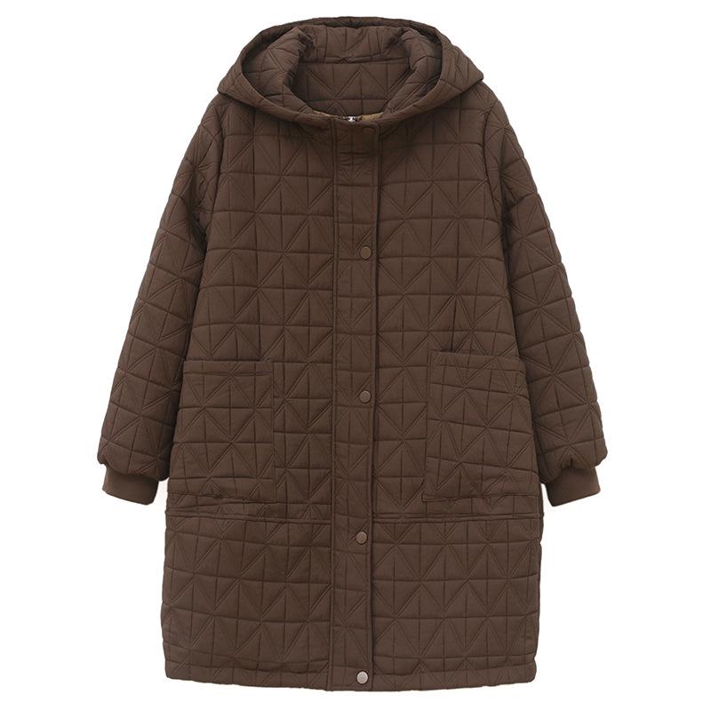 Dámský prošívaný bavlněný kabát střední délky s kapucí, Zimní bunda 2024 plus size zeštíhlující pro maminky středního věku