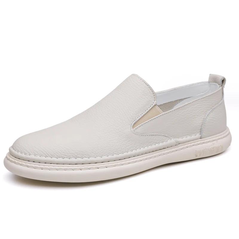 Soft Sole White Perforated Flat Loafers Comfortable Leather Business Shoes Casual Shoes for Men Breathable Slip-On Walking Shoes