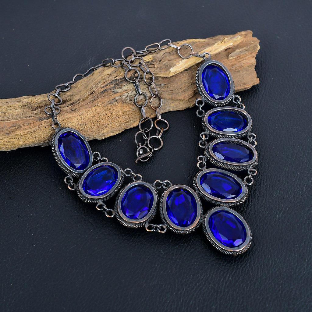 London Blue Topaz 999 Copper Wire Wrapped Necklace with Adjustable Chain, Handmade Gemstone Jewelry Necklace For Memorial Day